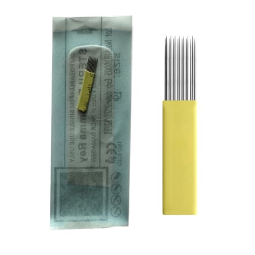 50 unidades agulhas microblading sobrancelhas amarelas 9F 15F em 2 linhas para maquilhagem permanente agulhas tatuagem sobrancelhas folha descartável microblading (15 pinos)