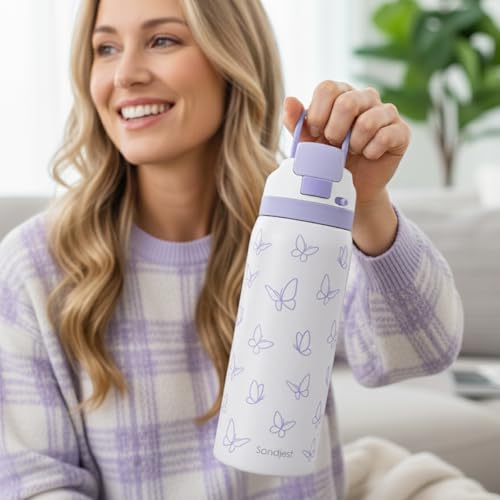 Image of Butterfly Insulated Stainless Steel Water Bottle with Straw for Sports and Travel, 32oz, Gifts for Women Girls Friends Teens Birthday Christmas (Purple)