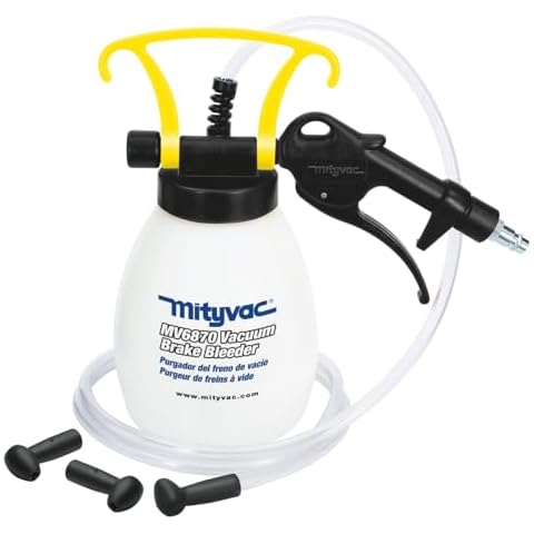 Mityvac MV6870 Hydraulic Brake and Clutch Vacuum Brake Bleeder, 1.3 Quart. Reservoir, Automatic Shutoff, Lever-Action Throttle, Integrated Hanging Hook, 4' Bleed Hose, Universal Screw Adapter Cover
