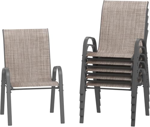 Image of Amopatio Patio Chairs Set of 6, Outdoor Stackable Dining Chairs for All Weather, Comfortable Breathable Garden Outdoor Furniture for Backyard Deck, Light Brown
