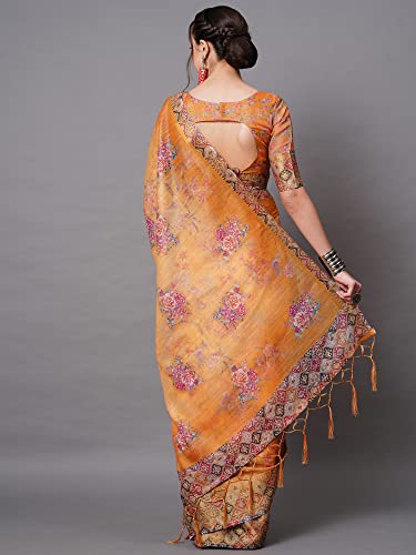 Image of AKHILAM Women's Ikat Linen Saree With Blouse Piece