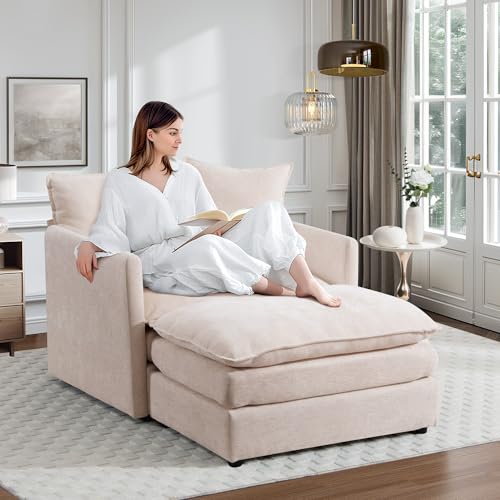 Sillón moderno chenille beige con otomán miniatura 1
