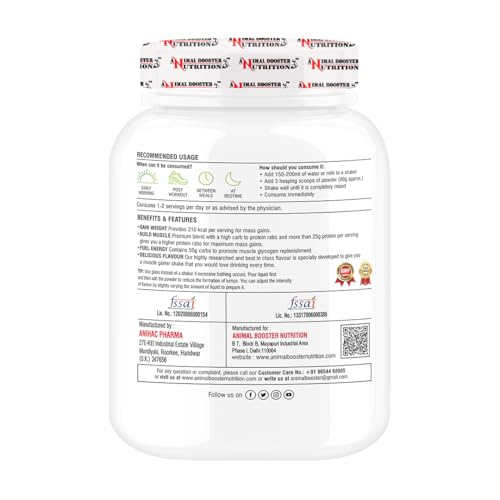 Image of Animal Booster Nutrition Maha Mass Gainer, 25 Grams of Protein in 90gm of Serving Helps in Gain Weight, Build Muscle & Fuel Energy - Chocolate Flavor (11Servings /1KG)