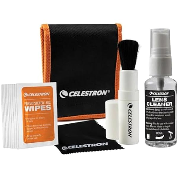 Celestron 93576 Lens Cleaning Kit - Zestaw do czyszczenia obiektywu Celestron 93576: 10 ściereczek do obiektywu, płyn czyszczący, ściereczkę i chowany pędzelek w miękkim pokrowcu, czarny/pomarańczowy