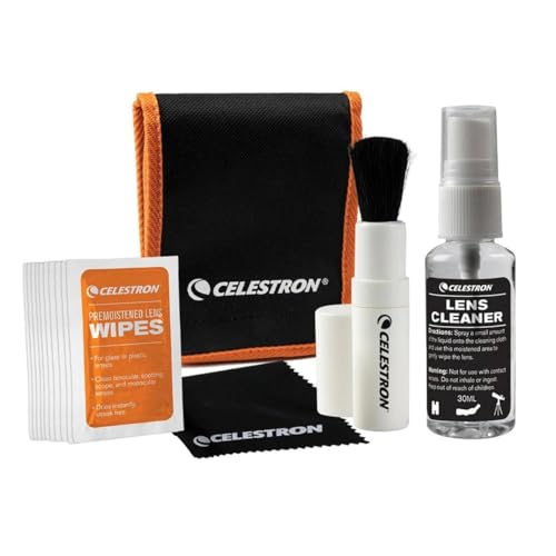 Celestron 93576 レンズクリーニングキット - レンズワイプ10枚、クリーニング液、レンズクロス、格納式レンズブラシ、ソフトキャリーポーチ入り、ブラック/オレンジ。