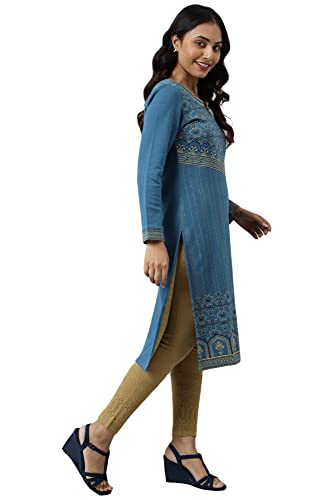 Image of Aurelia Women Faience Cotton Blend Floral Yarn Dyed Straight Kurta