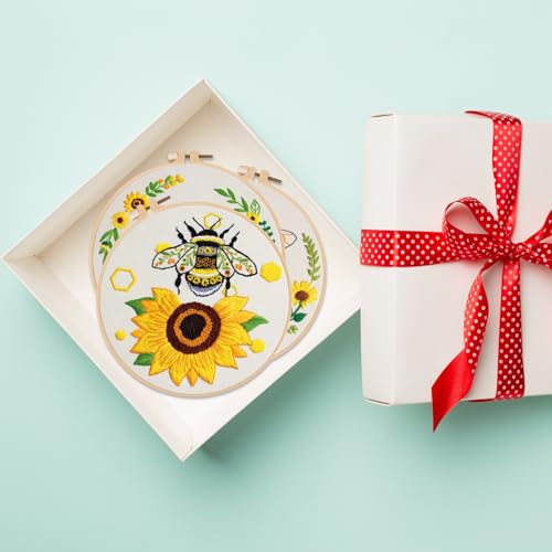 Image of Nuberlic 3 Pack Embroidery Kit for Beginner Adults, Cross Stitch Set with Cute Bee Patterns, Includes Cloth, Hoops, Threads, Needles, Instructions