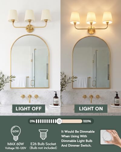 Image of 3-Light Gold Bathroom Vanity Light, Beige Pleated Fabric Shade