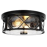 Rustic Close to Ceiling Light Fixtures, Farmhouse Flush Mount Ceiling Lighting, Metal Cage Lighting with Seeded Glass Black Cage for Home Kitchen Dining Room Bedroom Hallway Entryway Foyer