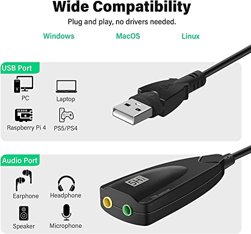 Image of 5HV2 USB External Sound Card Audio Adapter | Meshiv Virtual 7.1 Channel Surround Sound | USB to 3.5mm Audio Jack Converter | Compatible with PC, Laptop, Windows, Mac | Plug & Play
