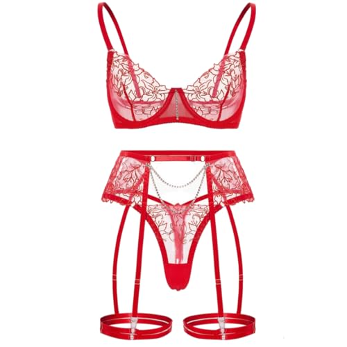 Ensemble de lingerie sexy 5 pièces avec broderie florale et chaîne
