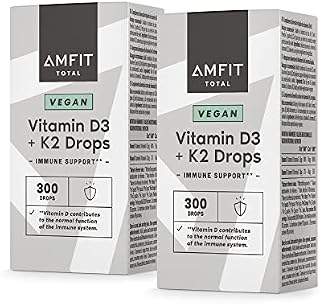 Amazon Brand - Amfit Nutrition High Strength Vitamin D3 25μg and Vitamin K2 20μg Vegan Drops, Support Immunity, 60ml, 12.5μg of Vitamin D3 and 10μg of Vitamin K3 per Drop, Two-Drops-A-Day, 10 Months