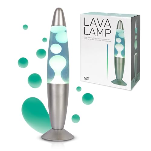 GIFTMARKET- Blaue Lavalampe mit Chromfuß. Retro Tischlampe 34 x 8,5 cm mit 2 Glühbirnen. Stylisches Geschenk für Jugendliche. Perfekte Lampe für Nachttisch oder Zimmer.