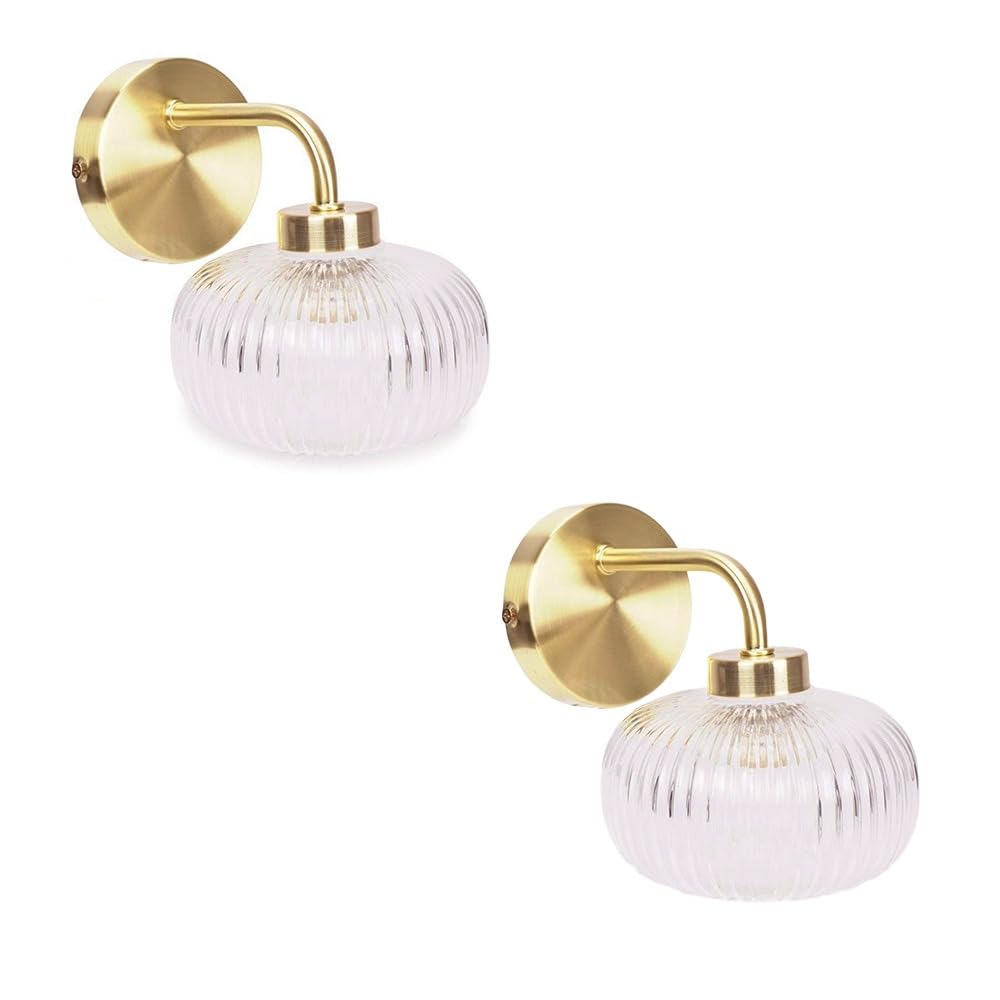 Valuelights Gold | Pair Of Wall Light Fitting With Clear Ribbed Lampshades For Living Room Hallway - Ip44 Bathroom