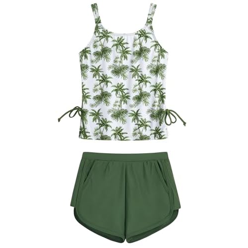 HOZIY Girls Swimsuit Two Piece Tankini Girls Bathing Suit with Boyshort Adjustable Strap Drawstring Kids Swimwear for 5-14Y Green Coconut Tree 11-12 Years