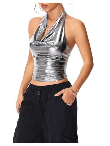 SOLY HUX Women's Halter Crop Tops Y2k Metallic Cowl Neck Open Back Concert Going Out Top Streetwear4