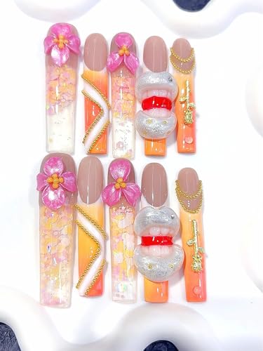 Edgy Peach & Pink Resin Flow Art Press-On Nails, 3D