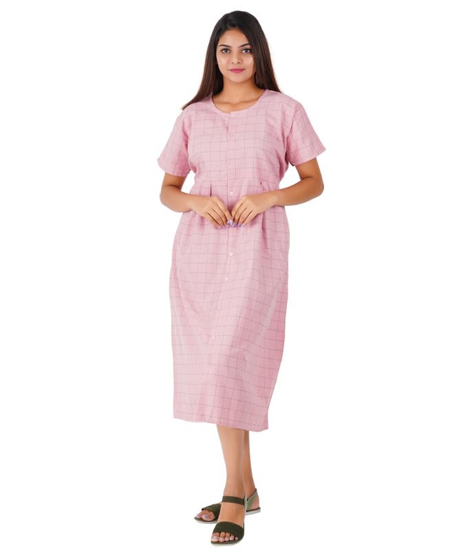 Image of Women's [L- 4XL] Full Open /Front Buttoned [a kind of Adaptive Clothing]Multipurpose Nighty for Maternity /Pregnancy /Elderly /Patient /Feeding /Hospital Purpose Nighty(Pink Checks - 2XL / Calf Length
