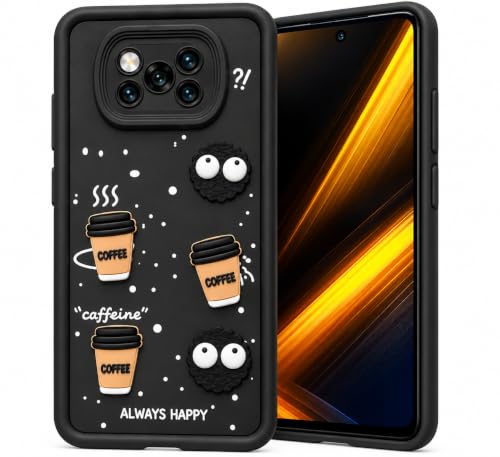 Image of Bintage Back Cover Compatible for Poco X3 / Poco X3 Pro | Cute Fun Ball | 3D Taddy Smiley Coffee | Milk Case | Full Body Protection - Black