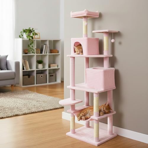 Torre para gatos indoor 75 pulgadas con postes de sisal rosa miniatura 2