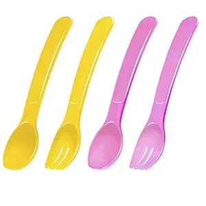 UNIH Baby Fork and Spoon Set,BPA-Free Toddler Training Tableware Baby Utensils Infant Self-Feeding Flatware Baby Feeding Set for Newborn Kids Girls Boys(Pack of 2,Pink&Yellow)
