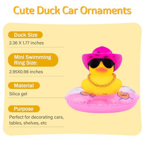 Image of wonuu Car Rubber Duck, Yellow Duck Decoration Dashboard with Sun Hat Swim Ring Necklace Sunglasses for Car Dashboard Decorations, Black Spots Pink Cowboy Hat-Pink