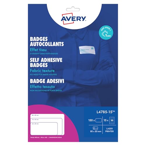 Badges adhésifs Avery L4785-15 en soie d'acétate blanche 80x50 mm pour impression laser x150