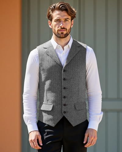 Men Herringbone Tweed Suit Vest,Men Retro Vest Slim Fit Waistcoat for Casual Business Prom2