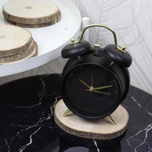 Image of STL Retro Twin Bell Alarm Clock with Night LED | Loud Bedside Alarm, Non-Ticking Silent Sweep, Metal Frame Table Clock for Students, Bedroom & Office (Black)