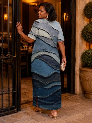 Image of SUZONANA Plus Size Denim Print Maxi Dresses for Women Casual V Neck Short Sleeve with Pockets Soft Jean Look Dress XL-6XL