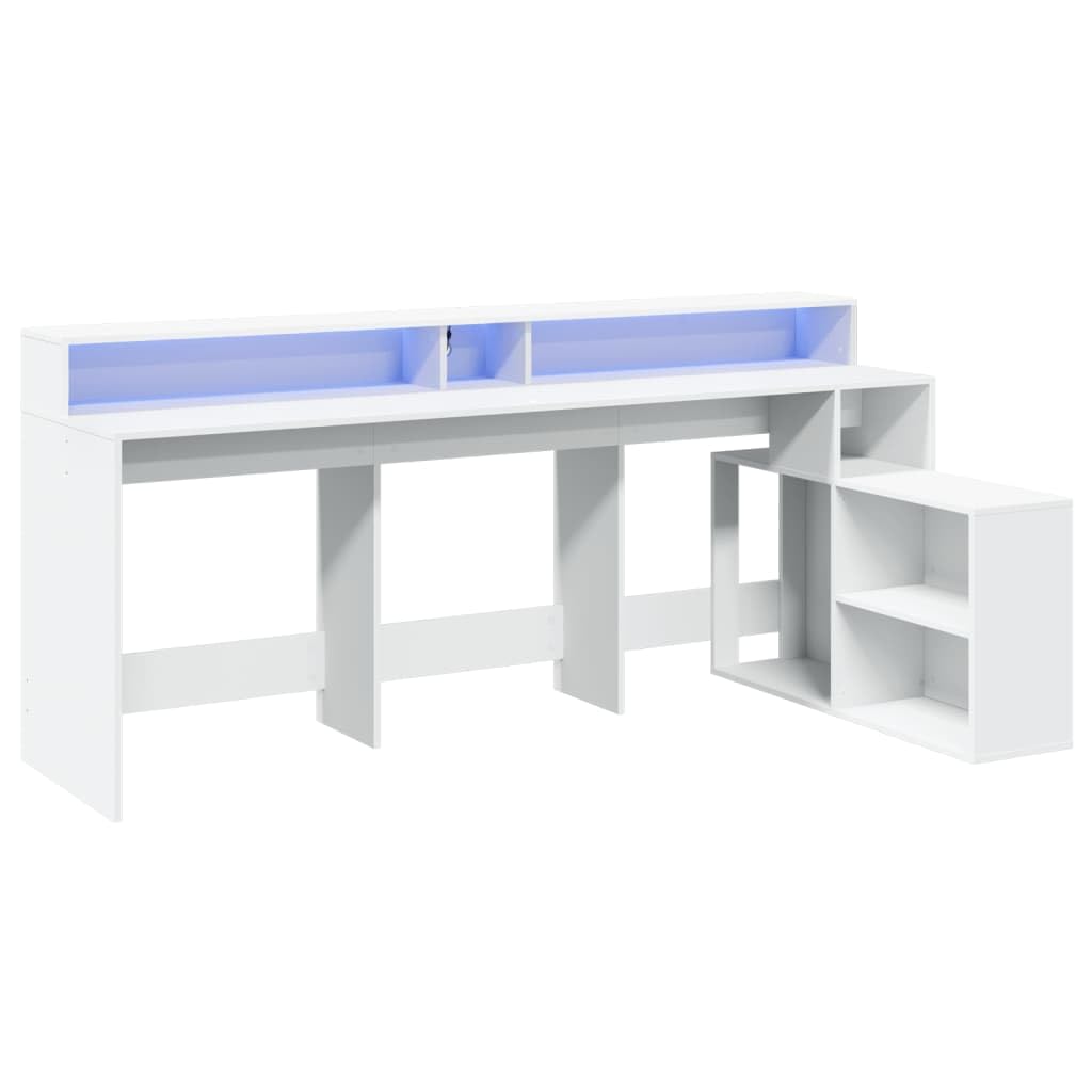 Scrivania LED bianca, 200 x 104 x 91 cm, materiale in legno, con illuminazione RGB, ampio spazio per gaming e ufficio