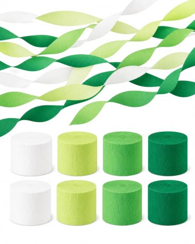 Image of 8 Green Streamers with White, 656ft Pack of Crepe Paper Party Decorations | Each roll is 82 ft long and 1.8 Inch wide ideal for Birthday Party Decor, Graduation Parties and St.Patrick's Day