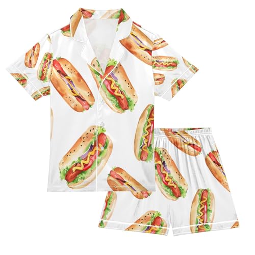 senya Hotdog Watercolor Satin Summer Pajama Sets Silk Short Sleeve Button Down Sleepwear