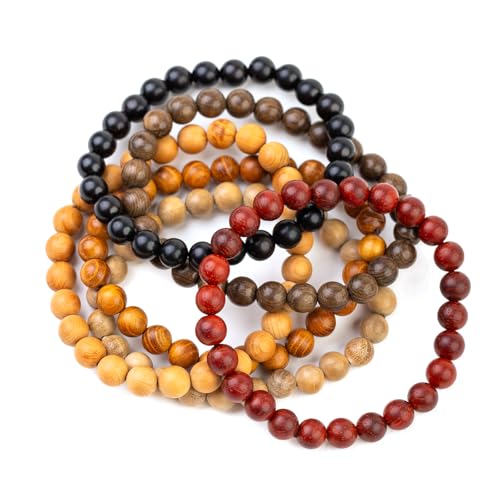 6Pcs 8mm Wooden Beaded Bracelet Bangle for Men and Women Elastic