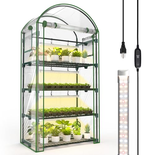 Bstrip Indoor Greenhouse with Grow Light, 4-Tier Mini Green House, 4Pcs Grow Lights for Indoor Plants with Timer, Zippered PVC Grow Tent with Airflow Windows, Indoor Greenhouse Cabinet 35x19.3x63in by Bstrip - Used condition - US$105.01