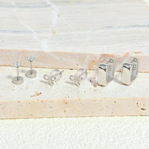 3 Pairs 925 Sterling Silver Earrings for Women, Simple 14K Gold Plated Bow CZ Stud Earring Square Huggie Hoop Earring Set, Cute Small Gold Stacked Earrings for Women Minimalists, Pack of 3 Pairs2