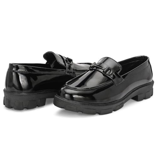 Image of Men's Premium Glossy Black Chunky Sole Loafers with Metal Accent | Fashion Slip-On Formal Casual Shoes