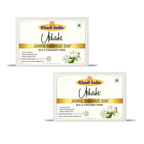 Image of Utkrisht Khadi Jasmine Handmade Bathing Soap Bar 125g (Pack of 2) | Natural & Herbal Soap for Glowing Skin | Helps Control Acne & Blemishes | Deep Moisturizing & Skin Brightening | All Skin Types