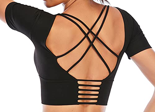 Image of Ecupper Womens Short Sleeve Sport Crop Top Strappy Padded Backless Yoga Top Workout Fitness Shirt