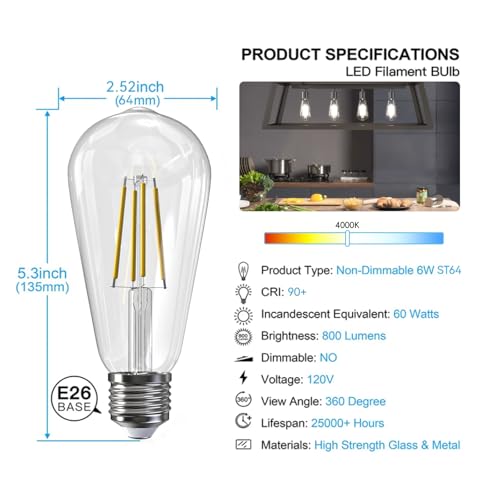 Image of Jensense Edison Bulbs E26 LED Bulb 60 Watt Equivalent, Vintage LED Light Bulbs CRI90+ ST19, Dimmable Clear Light Bulbs (4000K Natural White, 7watt-4 Pack)