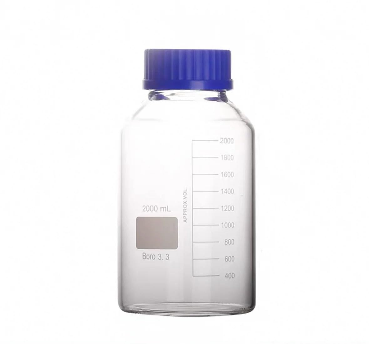 Botella de reactivo de laboratorio de 2000 ml con tapa de rosca transparente, sellada, de vidrio de borosilicato alto, tapa azul GL80.