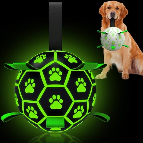 QDAN Premium Glow in The Dark Dog Toys, Dog Ball with Straps, Soccer Ball for Dogs, Outdoor Dog Toys, Pet Birthday Toys, Puppy Essentials for Medium to Large (8Inch) Glow in the dark I Large