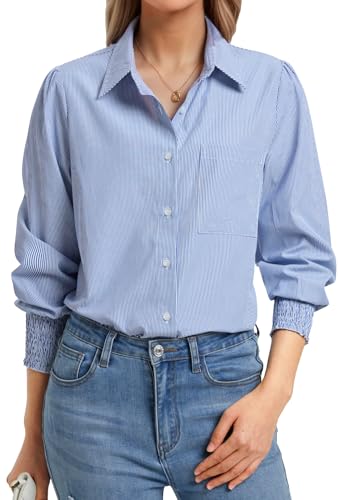 Enmain Camisa Mujer Manga Larga de Rayas Elegante Azul Camisas con Botones Blusa con Cuello V Informal Básica Trabajo Empresa, M