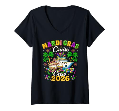 Donna Mardi Gras Cruise Crew 2026 Viaggio New Orleans Family Matching Maglietta con Collo a V