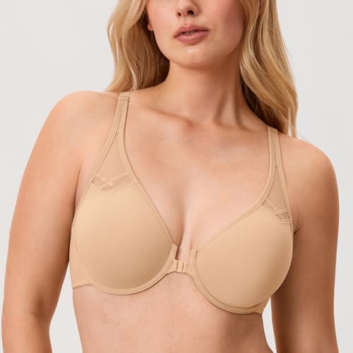 Image of DELIMIRA Women's Front Closure Racerback Bras Plus Size Full Coverage Supportive Underwire Plunge Unlined Bra