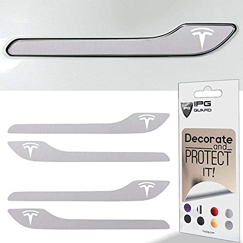 Image of IPG Compatible for Model 3 / Model Y /Juniper Door Handle Decal Sticker Wrap Kit (Set of 4) with Tesla Logo Personalize Your Tesla (Brushed Aluminum)