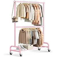 MISSLO Heavy Duty Clothing Racks for Hanging Clothes Rack Double Rod Garment Rack Rolling Closet Wardrobe Rack on Wheels, Metal, Adjustable (Pink)