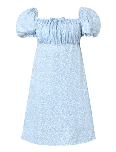 Mebius Girls Floral Print Dress Kids Puff Sleeve Square Neck Smocked Bow Front Short Sleeve A-line Dresses Casual