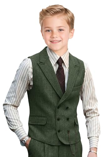 Boys Vest Retro Tweed Lapel Suit Vest for Boys Vintage Herringbone Formal Casual Western Double Breasted Waistcoat