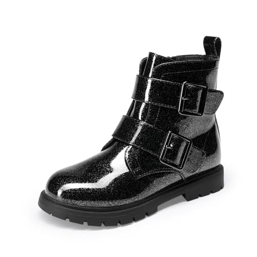 DREAM PAIRS Girls Boys Glitter Ankle Boots Side Zipper Combat Shoes with Buckles Toddler/Little Kid/Big Kid 11 Little Kid Black